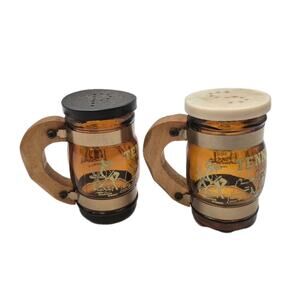 Vintage Artmark Tennessee Amber Glass Beer Mug S&P Shakers Wood Handles 3.5"